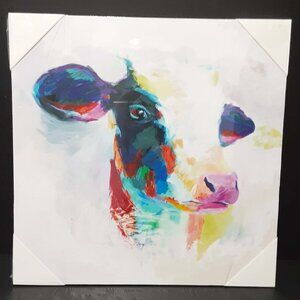 Colorful Watercolor Cow Art Whimsical Wall Decor Rustic Farm Country 11"x11" NEW